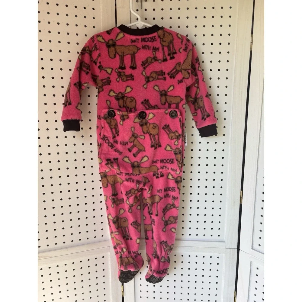 Lazy One Toddler Girl 2T Moose Pink Fleece Flap Footed‎ Pajamas Cozy Full Zip